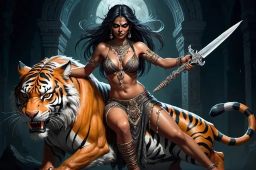 Prompt: evil female indian demon, riding a tiger, beautiful, tempting, full body, sinister, delicate jewelry, otherworldly appearance, holding a dagger, game-rpg style, detailed, highres, fantasy, Indian mythology, sinister gaze, intricate details, ominous atmosphere