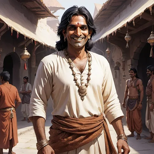 Prompt: Full body, Fantasy illustration of a male Indian fakir, 45 years old, kind expression, traditional garment, smiling, black hair tinged with the grey, high quality, rpg-fantasy, detailed, Indian market background, concept art