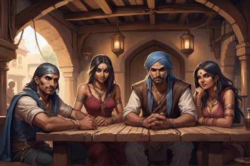 Prompt: Full body, Fantasy illustration of a council of thiefes, 4 indian thiefs sitting on a table, 2 female and 2 male, middle aged, traditional garment, high quality, rpg-fantasy, detailed, indian tavern background