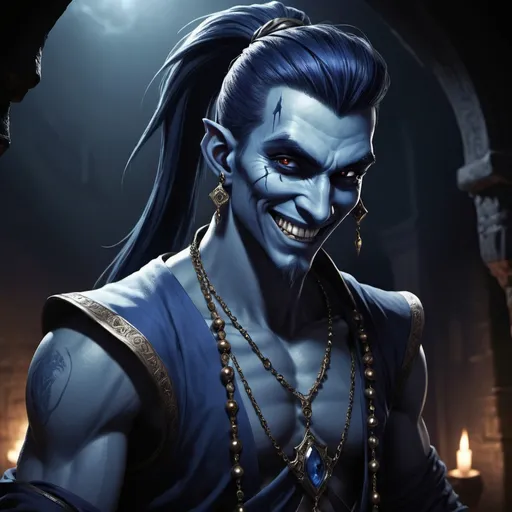 Prompt: Full-body, Evil male Djinn, blue skin, pony tail, delictae jewellery, sinister look, spooky atmosphere, RPG-fantasy, intense, detailed, game-rpg style, malicious smile, scheming gaze, dark and eerie lighting, sinister vibe, fantasy, detailed character design, atmospheric, spooky ambiance