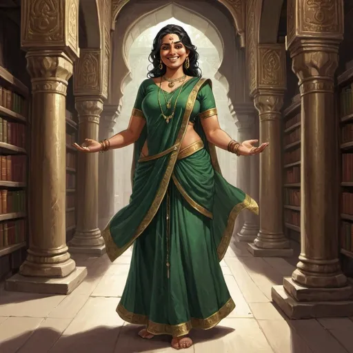 Prompt: Full body, Fantasy illustration of an indian female Cleric, priestess of the godess of wisdom, 34 years old, full figured, dark green traditional indian garment, smiling, inquisitive expression, high quality, rpg-fantasy, in a temple hall, scrolls and books