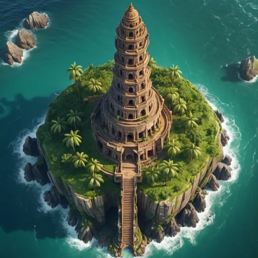Prompt: ancient tower, Indian architecture, huge beacon on top of the tower, on an island in the sea, rpg-fantasy, rich ornaments, limestone material, green surroundings, entire structure, intricate carvings and ornate details, birdview, high quality, detailed, epic scale, fantasy, game style,