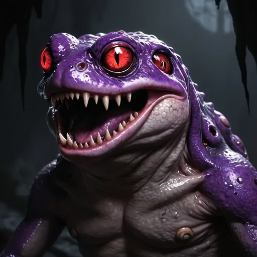 Prompt: Full-body, Toad deamon, sharp teeth, third eye on the forehead, red gleaming eyes, long snakelike tongue, slime body body, purple color, sinister look, spooky atmosphere, RPG-fantasy, intense, detailed, game-rpg style, dark and eerie lighting, sinister vibe, fantasy, horror, atmospheric, spooky ambiance
