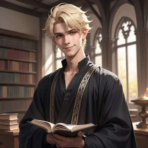 Prompt: full body, Magic student, teenage male, handsome, blond fancy hairstyle, confident expression, smiling, medivial style black robe, study room, rpg-fantasy