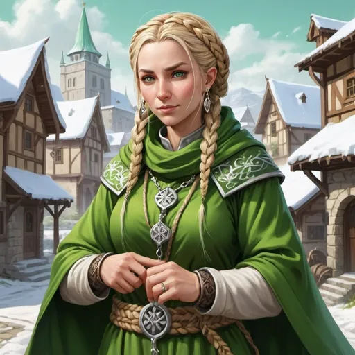 Prompt: Full body, Fantasy illustration of a female cleric, elderly, bright green robe, bright green headscarf, wheat ears symbol jewellery, blond spiral braids, 
kindly expression, high quality, rpg-fantasy, detailed, snow covered wiking town background