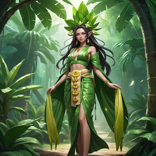 Prompt: Full body, Nang Tani, female Thai banana tree spirit, wearing green Thai robe, hair decorated with bananatree leaves and bananablossoms, green glowing eyes, beautiful, mystical atmosphere, RPG-fantasy, intense, detailed, game-rpg style, bright lighting, fantasy, detailed character design, atmospheric, otherwordly ambiance