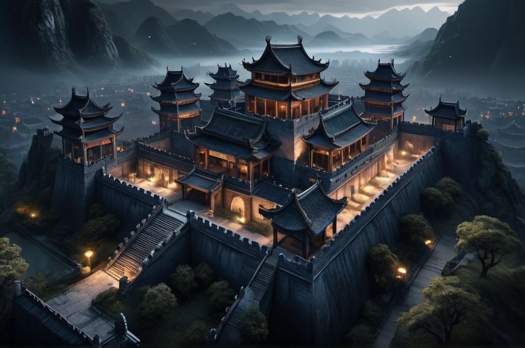 Prompt: Huge chinese cused castle, birdview, entire structure, dark materials, surrounded with high walls, 
neglected garden, immersive world-building, high quality, detailed, epic scale, fantasy, game style, dark and eerie lighting, nightfall