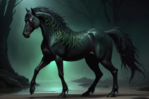 Prompt: Full body, Fantasy illustration of kelpie, black horse, very skinny and bony, demonic apperance, black fur, mane and tail made from dark green seaweed, glowing red eyes, high quality, rpg-fantasy, horror, sinister look, dark and eerie lighting, detailed character design, atmospheric, spooky ambiance