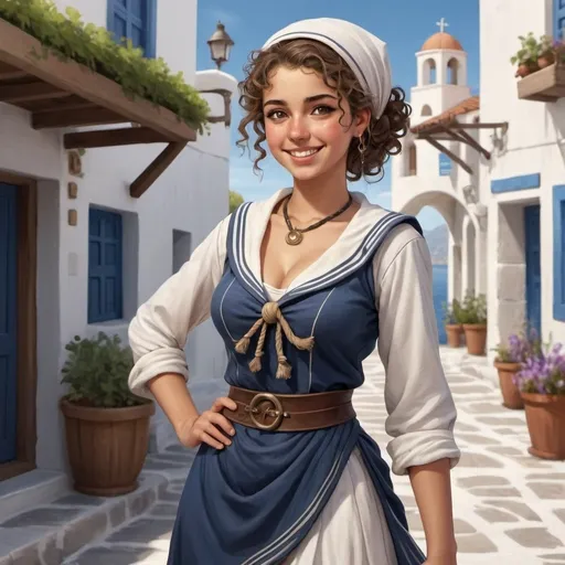 Prompt: Full body, Fantasy illustration of a female sailor, 22 years old, greek, beautiful, oliv skin, tradition garment, headscarf, curly hair, joyfull expression, smile, high quality, rpg-fantasy, detailed, greek town background