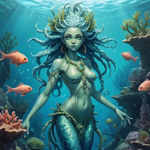 Prompt: Full body, Fantasy illustration of a waterspirit, female humanoid with fish like features, braided blue hair, full green skin color, big blue eyes, uncanny expression, high quality, rpg-fantasy, detailed, underwater coral bank background 
