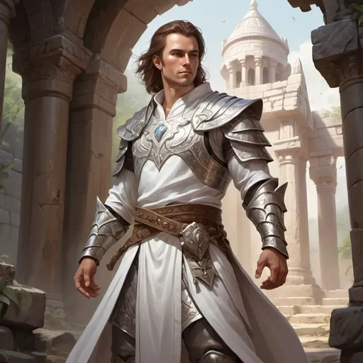 Prompt: Full body, Fantasy illustration of a brownhaired male warrior priest,  delicate silber armor, white robe, jovial gaze, blessing gesture, high quality, rpg-fantasy, djungle temple ruins, mystical atmosphere