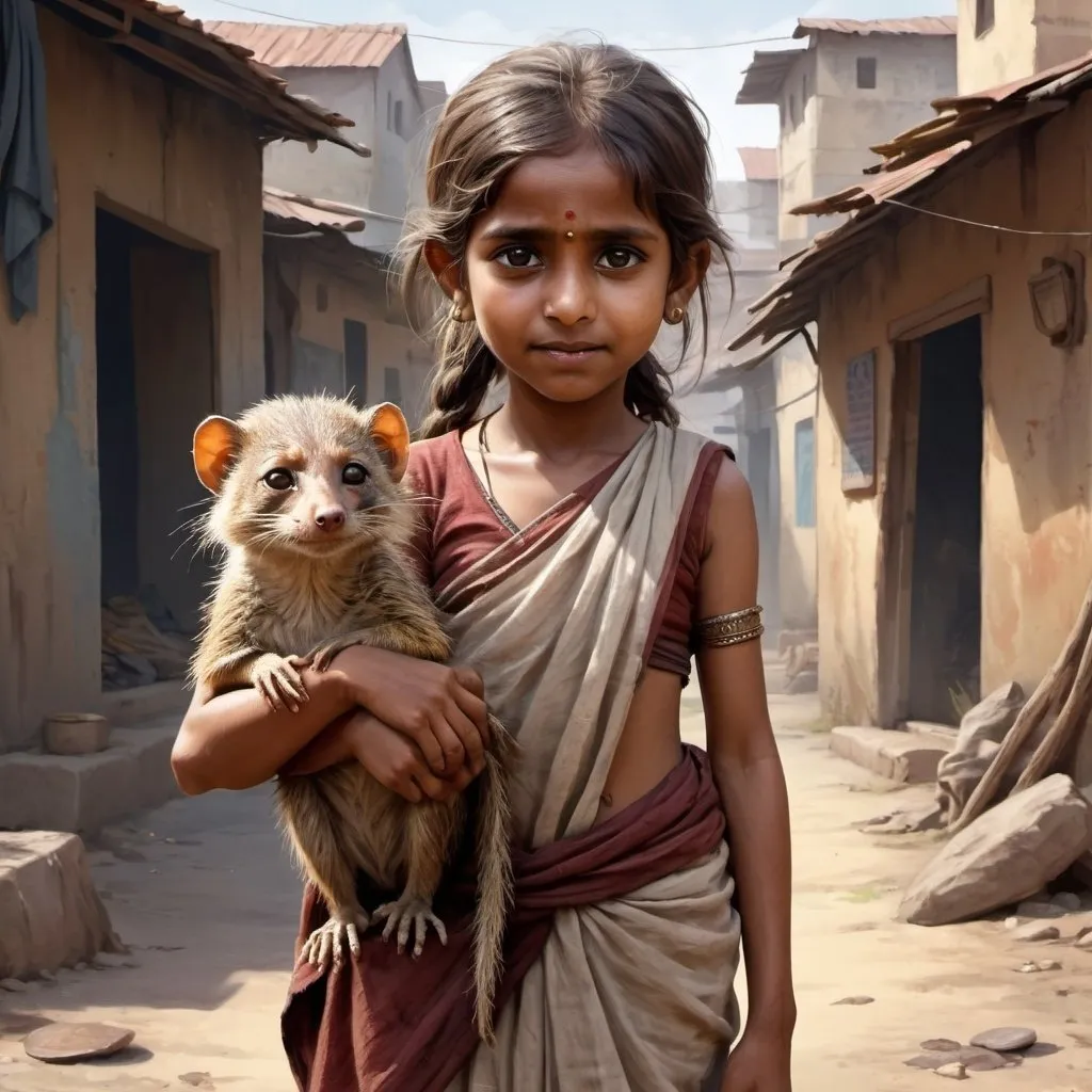 Prompt: Full body, Fantasy illustration of an female indian begging child, 6 years old, unkempt appearance, ragged cloth, tangled hair, sad smile, holding a pet mongoose, high quality, rpg-fantasy, detailed, indian city background, art, illustration, painting