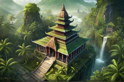 Prompt: Fantasy illustration of a temple, Sumatra Minangkabau architecture, bird's-eye view, game-rpg style, detailed temple design, lush greenery, mystical atmosphere, atmospheric lighting, highres, detailed landscape, fantasy, RPG, bird's-eye view, temple architecture, lush environment, mystical, atmospheric lighting, detailed design, game style, high quality, detailed landscape