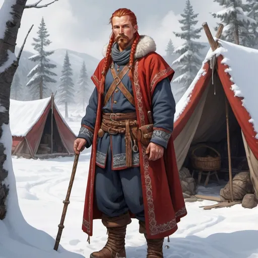 Prompt: Full body, Fantasy illustration of a male laplander, 35 years old, wary expression, traditional lappish garment, cloak, red braided hair, long mustache, high quality, rpg-fantasy, detailed, snow covered lappish camp background