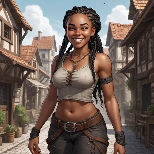 Prompt: Full body, Fantasy illustration of a black female rogue, 19 years old, full figured, beautiful, black skin, black braids, freckles, joyfull expression, laughing, high quality, rpg-fantasy, detailed, medivial town background