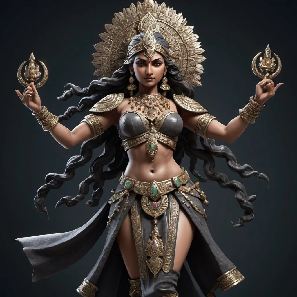 Prompt: Indian warrior goddess statue, dark stone material, four arms with daggers, delicate jewelry, dynamic dance pose, game-rpg style, fantasy, detailed facial features, ornate craftsmanship, mystical atmosphere, high quality, elaborate, dynamic movement, intricate details, fantasy game style, dark stone material, ornate jewelry, warrior goddess, mystical, dynamic pose, detailed, high-res, elaborate craftsmanship, game-rpg, fantasy