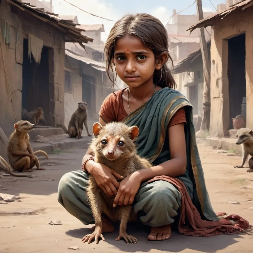 Prompt: Full body, Fantasy illustration of an female indian begging child, 6 years old, unkempt appearance, ragged cloth, tangled hair, sad smile, cuddling a pet mongoose, high quality, rpg-fantasy, detailed, indian city background, art, illustration, painting