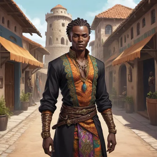Prompt: Full body, Fantasy illustration of a male black noble, 30 years old, attractive, black skin, fancy hairstyle, colorfull and elegant african-style garment, uppish expression, high quality, rpg-fantasy, detailed, in a african-style fantasy town