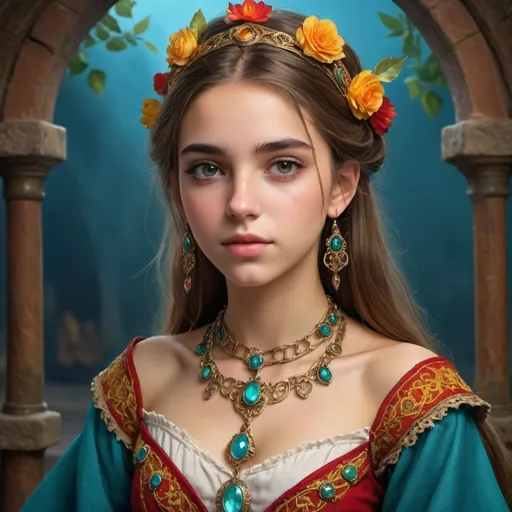 Prompt: Beautiful spanish noble girl, 18 years old, delicate traditional garment, intricate jewelry, fantasy RPG game style, dreamy expression, high quality, fantasy RPG,  vibrant colors, detailed jewelry, full body