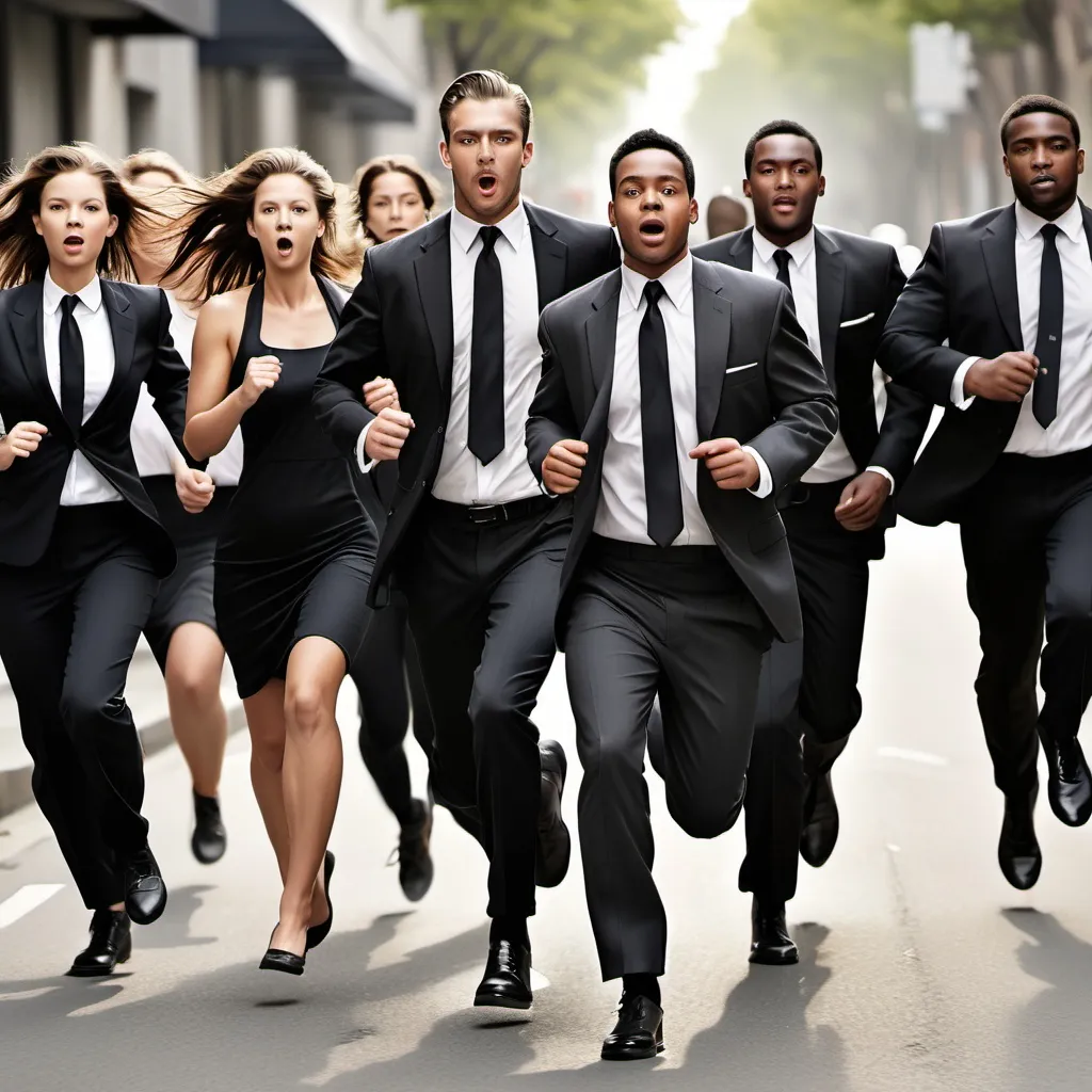 Prompt: a group of mixed size people (male and female) running down a street wearing black tie attire. Make sure all female are wearing dresses and all me are in suits. 
