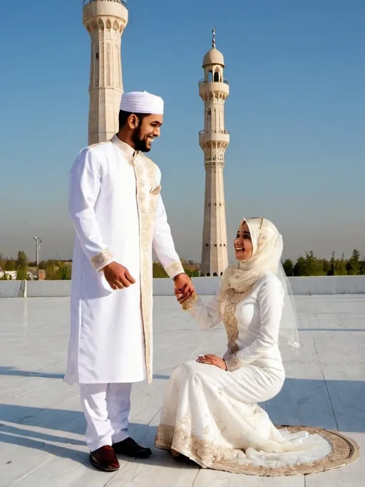 Prompt: Muslim Bride groom happy portait