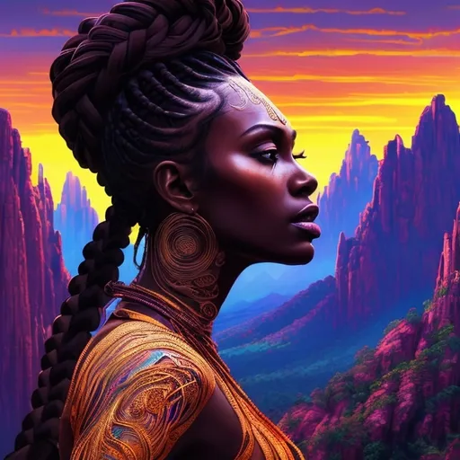 Prompt: high resolution, entire body standing, hd tribe bright colors,tall beautiful detailed dark skin,bend over, braided hair, wide body, thick black woman, detailed and sleek design, top of mountain setting, high res, ultra-detailed, intense, dramatic lighting

















