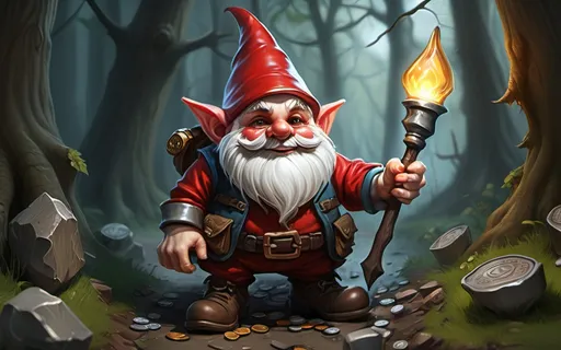 Prompt: a gnome reckless rogue with a devil-may-care attitude, an insatiable love for coin, and an obsession with wagering on almost anything imaginable. Yet, despite his carefree demeanor, he was a gnome of unwavering honor, meticulously tracking every debt and credit and always fulfilling his obligations. Jimjar also possessed a remarkable talent for concealing vast amounts of wealth on his person—a skill as mysterious as it was impressive sitting on a throne holding playing cards surrounded by gold coins and a light shining down on him, Cedric Seaut (Keos Masons), fantasy art, game art, computer graphics