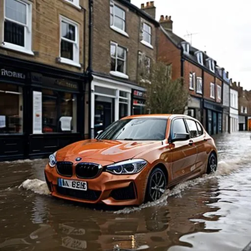 Prompt: Flame orange BMW M135i driving though a english high street in a flood with driver hanging out of window

