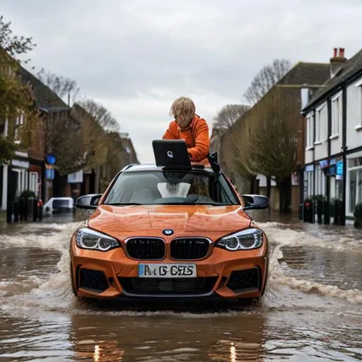 Prompt: Flame orange 3 door BMW M135i driving though a english high street in a flood with young male driver driver hanging out of sun roof holding a laptop computer

