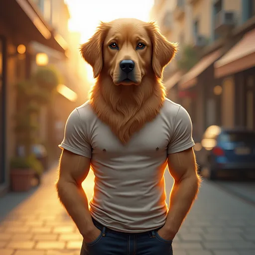 Prompt: "Create a full-body portrait of an anthropomorphic character with the head of a Golden Retriever. The character should exhibit the breed's signature features: a broad skull, friendly and intelligent eyes, a black nose, and a gentle expression. The fur should be a lustrous golden hue, reflecting the breed's characteristic coat. The body should be that of a fit human male, standing upright with a confident posture. Dress the character in casual attire—perhaps a fitted t-shirt and jeans—to convey approachability. The background should depict a softly lit urban street scene during golden hour, emphasizing warmth and friendliness. Render the image in an ultra-realistic style with intricate details, focusing on lifelike textures, accurate lighting, and natural proportions."