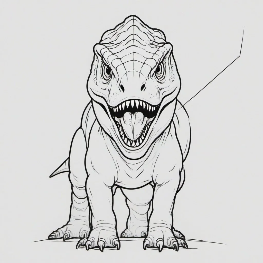Prompt: A minimalistic black and white line art drawing of a horned t-rex type dinosaur with laser beams coming from its eyes, its gaze fixed in a menacing glare. The T-rex should have long, sharp teeth protruding from its jaws, and short, intimidating horns on its head. The background could depict a rugged prehistoric landscape, adding to the atmosphere of power and danger emanating from the creature, full-body view