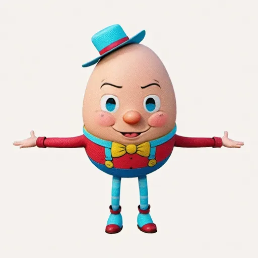 Prompt: Create a whimsical children's illustration of Humpty Dumpty, the iconic egg-shaped character, donning dungarees and a straw hat. Ensure a friendly face, employing vibrant colours and a cheerful atmosphere. The illustration should depict Humpty Dumpty in a front-facing 'T-pose', inviting viewers into his world of wonder and delight.