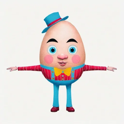 Prompt: Create a whimsical children's illustration of Humpty Dumpty, the iconic egg-shaped character, donning dungarees and a straw hat. Ensure a friendly face, employing vibrant colours and a cheerful atmosphere. The illustration should depict Humpty Dumpty in a front-facing 'T-pose', inviting viewers into his world of wonder and delight.