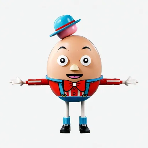 Prompt: Create a whimsical children's illustration of Humpty Dumpty, the iconic egg-shaped character, donning dungarees and a straw hat. Ensure a friendly face, employing vibrant colours and a cheerful atmosphere. The illustration should depict Humpty Dumpty in a front-facing 'T-pose', inviting viewers into his world of wonder and delight.