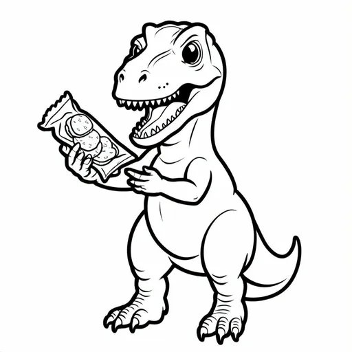 Prompt: A minimalistic black and white line art drawing of a A T-rex holding a packet of crisps