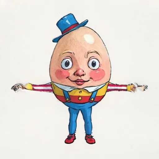 Prompt: Create a whimsical children's illustration of Humpty Dumpty, the iconic egg-shaped character, donning dungarees and a straw hat. Ensure a friendly face, employing vibrant colours and a cheerful atmosphere. The illustration should depict Humpty Dumpty in a front-facing 'T-pose', inviting viewers into his world of wonder and delight.