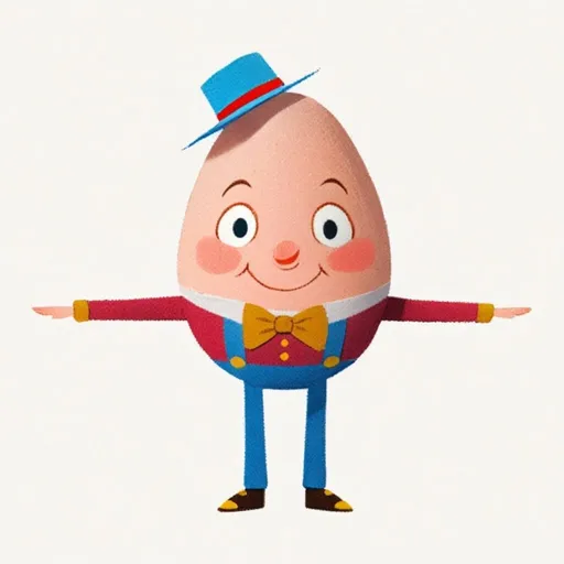 Prompt: Create a whimsical children's illustration of Humpty Dumpty, the iconic egg-shaped character, donning dungarees and a straw hat. Ensure a friendly face, employing vibrant colours and a cheerful atmosphere. The illustration should depict Humpty Dumpty in a front-facing 'T-pose', inviting viewers into his world of wonder and delight.