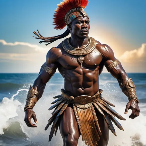 Prompt: An African Warrior coming out of the Ocean