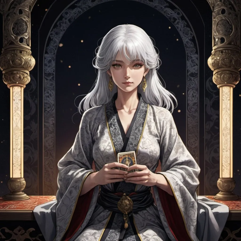 Prompt: tarot card Anime illustration, a silver-haired woman, detailed ornate cloth robe, dramatic lighting