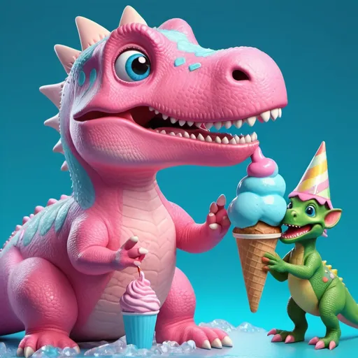 Prompt: Detailed, high-quality 3D rendering of a playful scene, pink dinosaur enjoying a blue ice cream held by a mischievous elf, vibrant colors, whimsical fantasy, detailed scales and textures, cute and friendly, magical, fairy tale, pastel tones, soft lighting