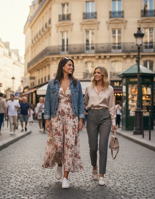 Prompt: Tall young woman with her friend walking down the high street, detailed clothing, realistic, natural lighting, in paris