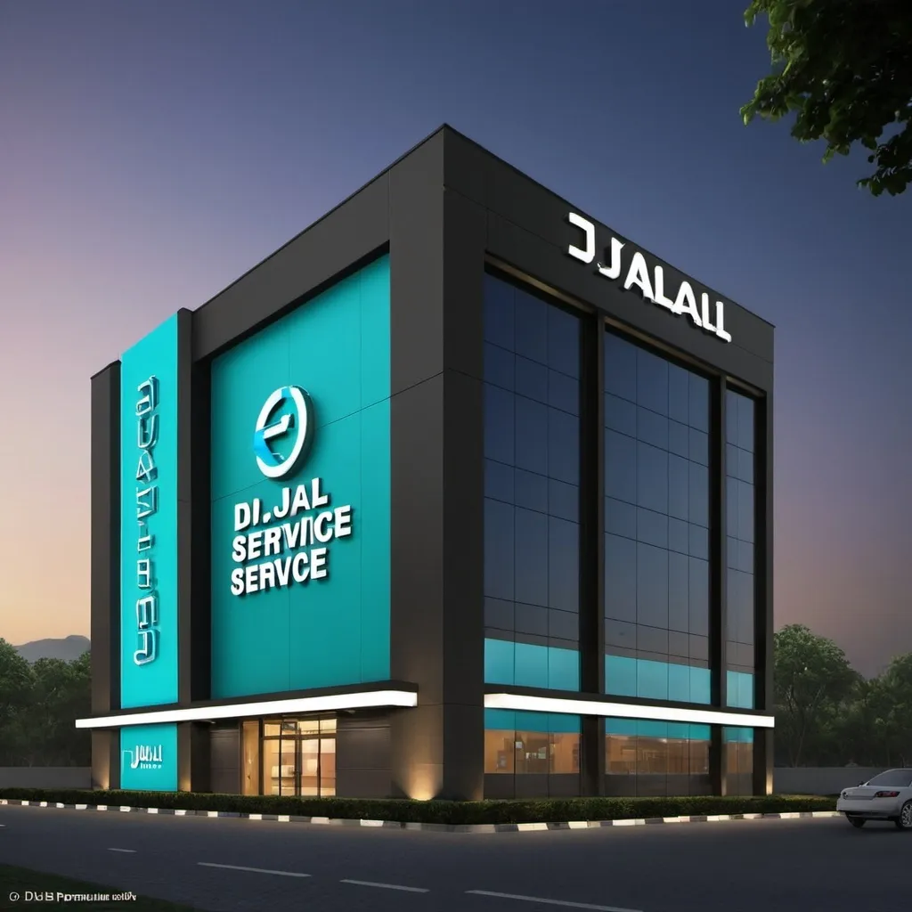 Prompt: Create a realistic image of a professional building for the company "Djalal Premium Service". The main entrance should be highlighted with an illuminated sign clearly displaying “Djalal Premium Service” in bright neon letters, similar to those of Siemens Energy in the reference image. Make sure the text on the sign is perfectly legible and clear. Use twilight lighting to highlight the neon sign. Include visual elements like safety barriers, signage, and a clean, modern environment to reflect a professional and welcoming setting. The name "Djalal Premium Service" should be the focal point of the image and should appear exactly as specified, with no text errors. 