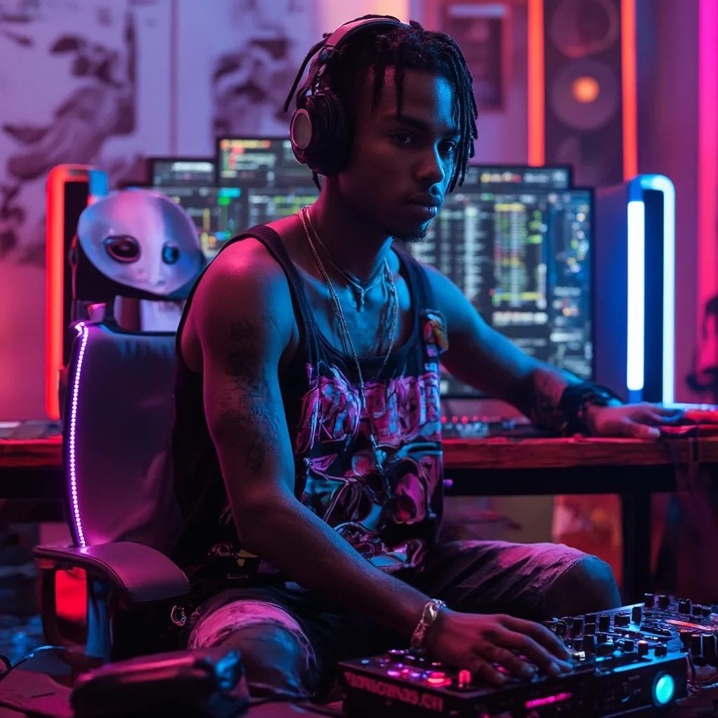 Prompt: young black male. dressed in hip hop neon clothing, sitting in a retro computer room.