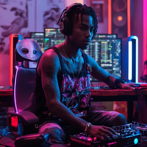 Prompt: young black male. dressed in hip hop neon clothing, sitting in a retro computer room.