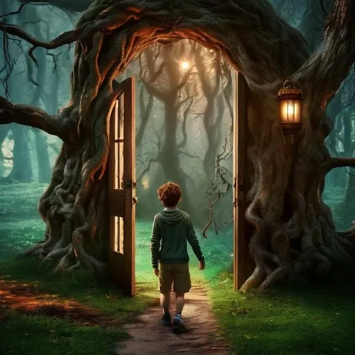 Prompt: a boy in the woods walking through a magical door in a tree