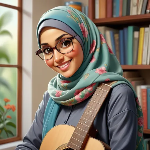 Prompt: "A beautiful woman dressed in a hijab jilbab  islami batik flowers motif  painting sketch pencil on a large canvas,  a realistic painting of a real man appears smiling, around 50 years old, wearing glasses, neatly dressed, wearing a polo cap logo written circle "GIE". Around the room there are guitar , piano , biola, bookshelves, open windows showing the outside is full of trees and birds parrots perched on tree branches. Providing a beautiful atmosphere."