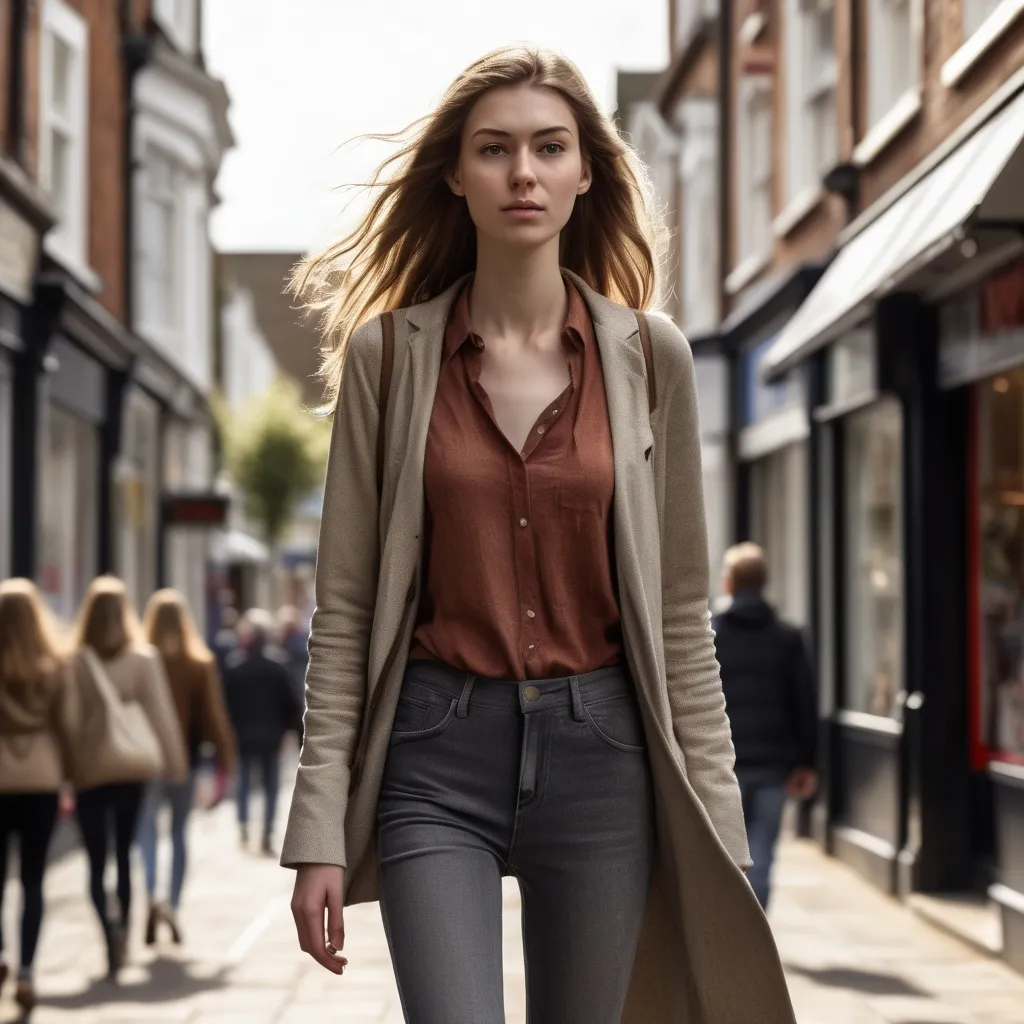 Prompt: Tall young woman walking down the high street, detailed clothing, realistic, natural lighting