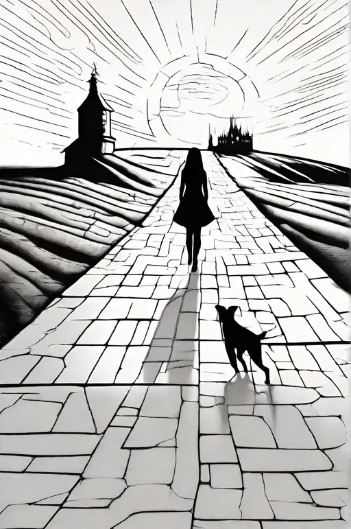 Prompt: girl in dress and dog walk on brick road which leads over bleak farmland to huge magical sci-fi kingdom casting a shadow over whole scene simple black line drawing on white background no shading