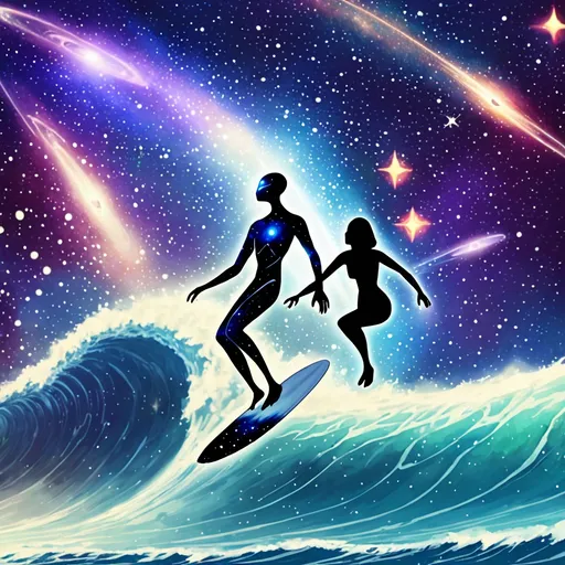 Prompt: Dimension,galaxy, surfing,stars, alien woman alien man together flying 