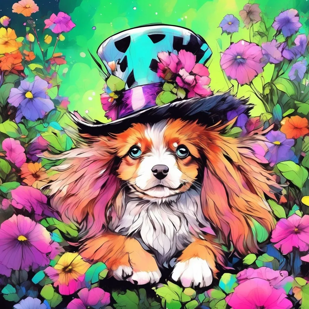 Prompt: Adorable long hair puppy in a mad hatter top hat, sitting in a flower garden with a colorful ball, detailed fur with soft reflections, expressive eyes, highres, cute, whimsical, garden setting, detailed flowers, professional lighting